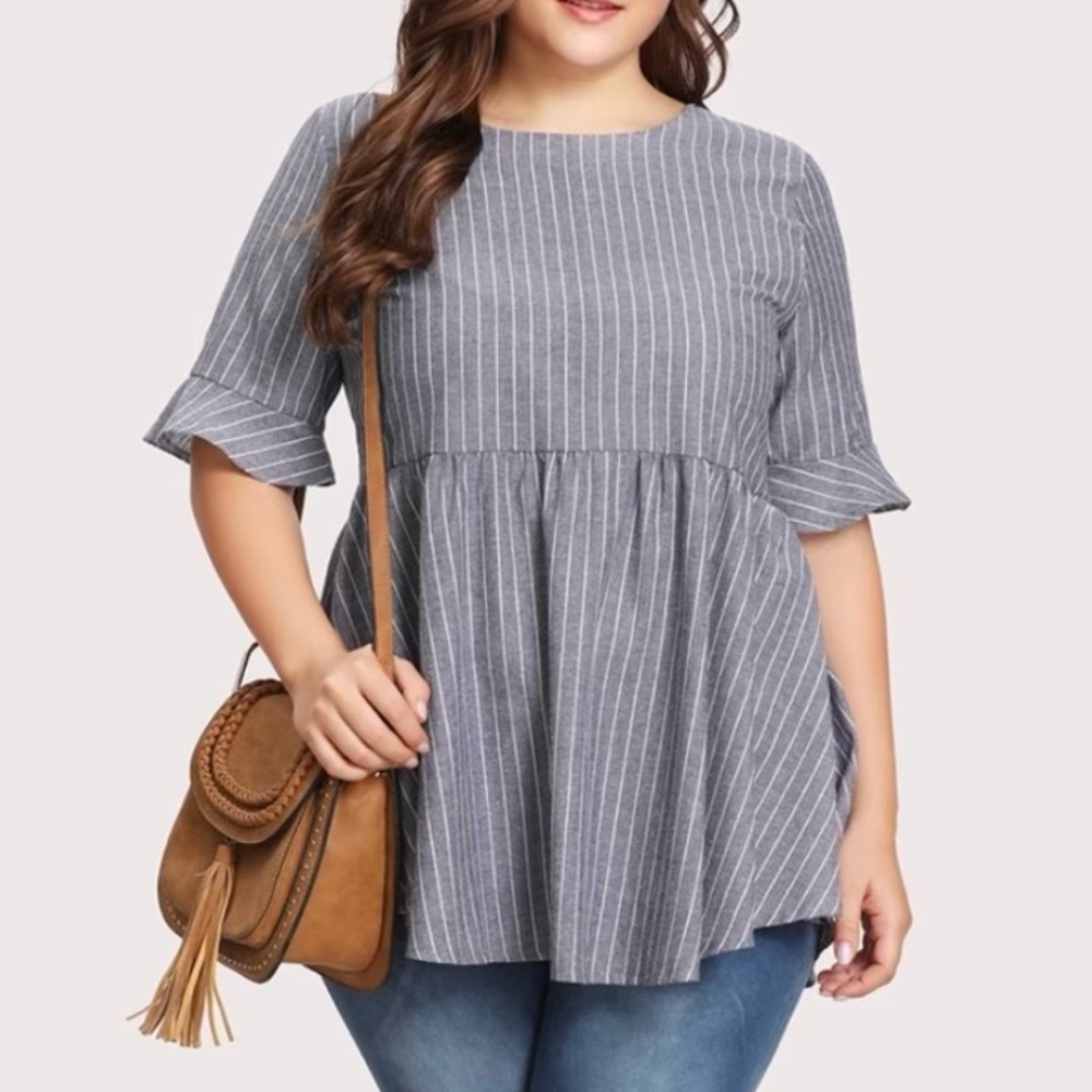 Shein 2XL blue striped babydoll top bell sleeve